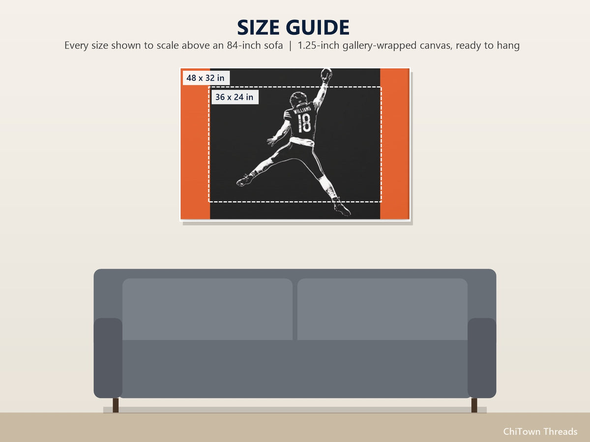 Caleb Williams Canvas Wall Art | Navy & Orange Silhouette — size guide: 36 x 24, 48 x 32 in to scale above a sofa