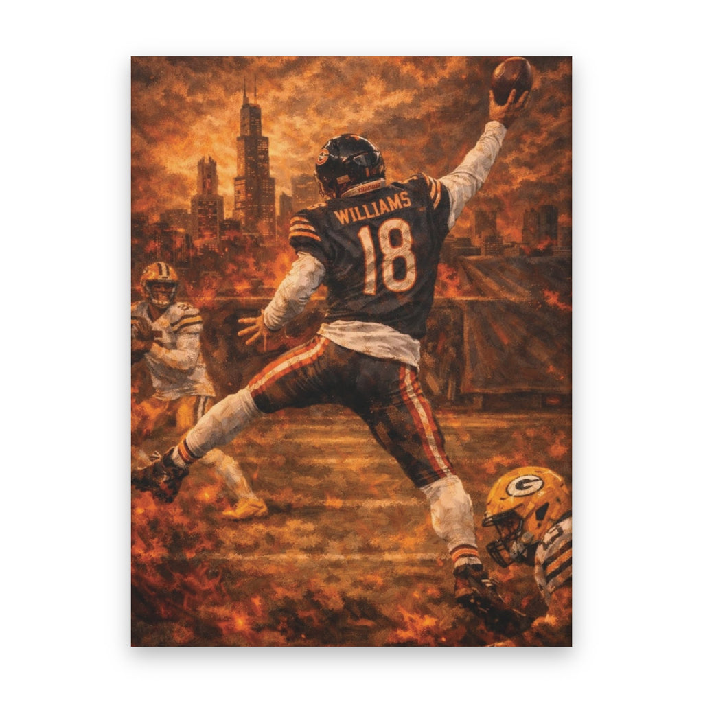Caleb Williams Canvas Wall Art | Painted Chicago Skyline straight-on view
