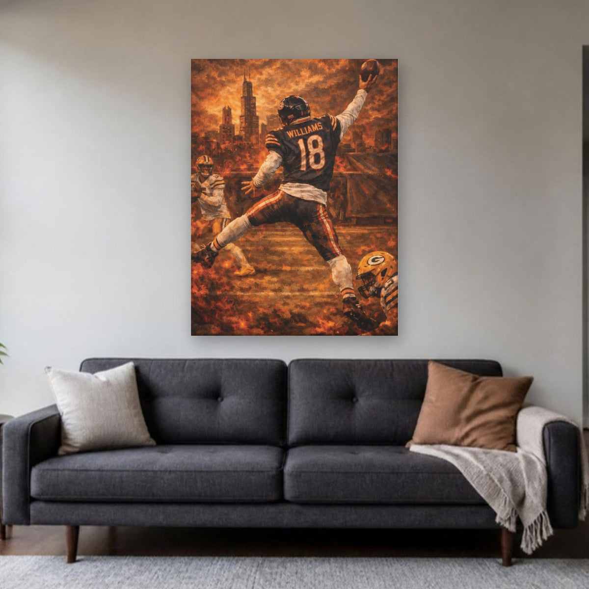Caleb Williams Canvas Wall Art | Painted Chicago Skyline in a living room