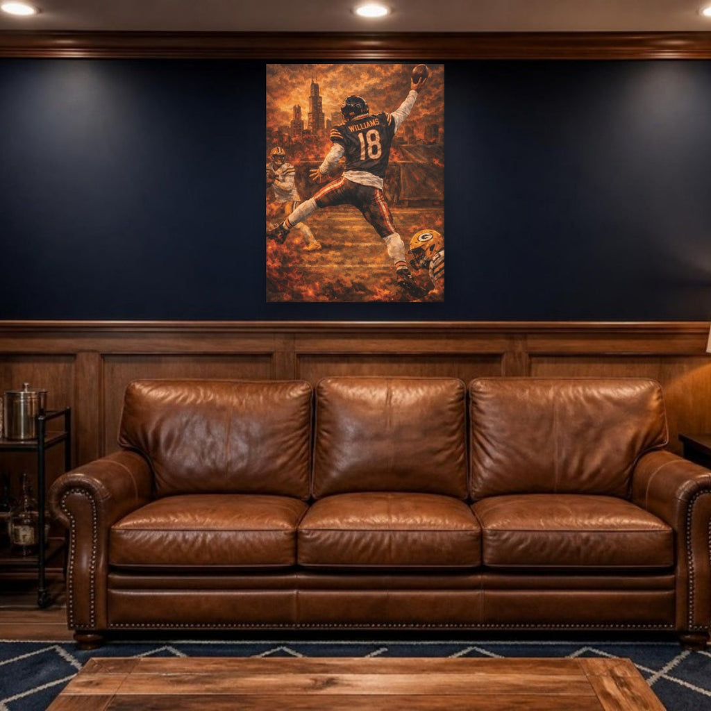 Caleb Williams Canvas Wall Art | Painted Chicago Skyline in a man cave