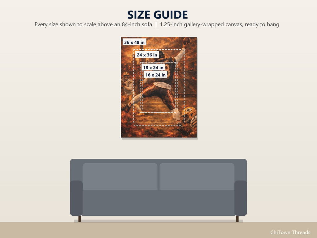 Caleb Williams Canvas Wall Art | Painted Chicago Skyline — size guide: 16 x 24, 18 x 24, 24 x 36, 36 x 48 in to scale above a sofa