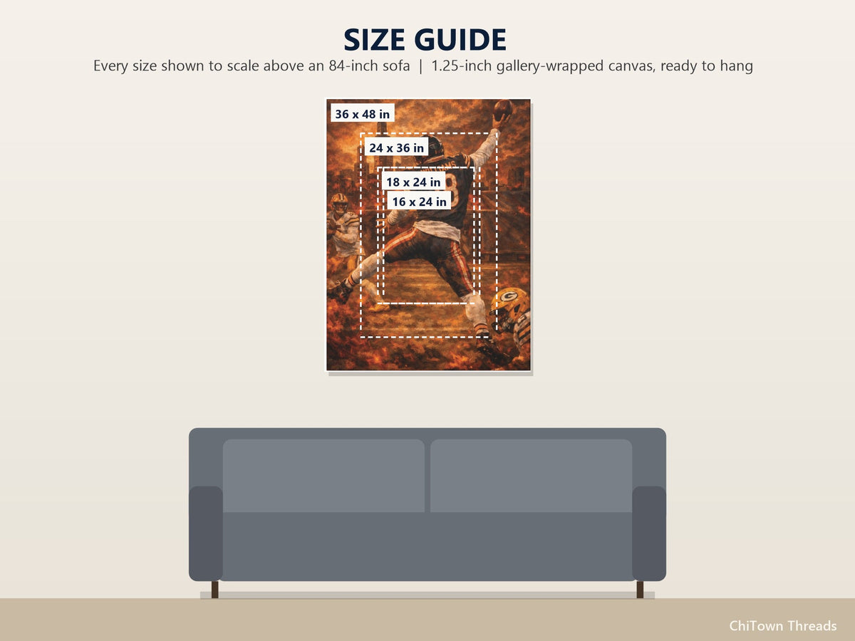 Caleb Williams Canvas Wall Art | Painted Chicago Skyline — size guide: 16 x 24, 18 x 24, 24 x 36, 36 x 48 in to scale above a sofa
