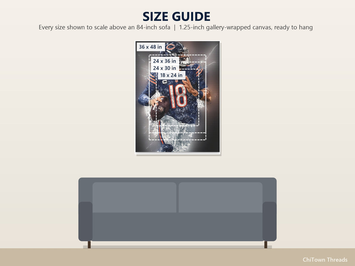 Chicago Bears Caleb Williams Canvas Wall Art | Vertical — size guide: 18 x 24, 24 x 30, 24 x 36, 36 x 48 in to scale above a sofa