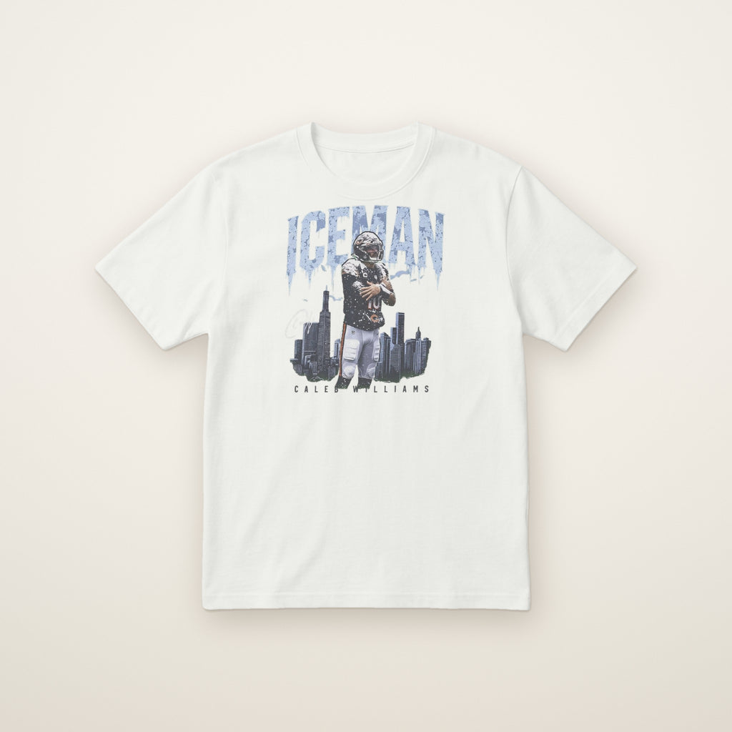 Caleb Williams Iceman Tee in White, flat lay on ivory