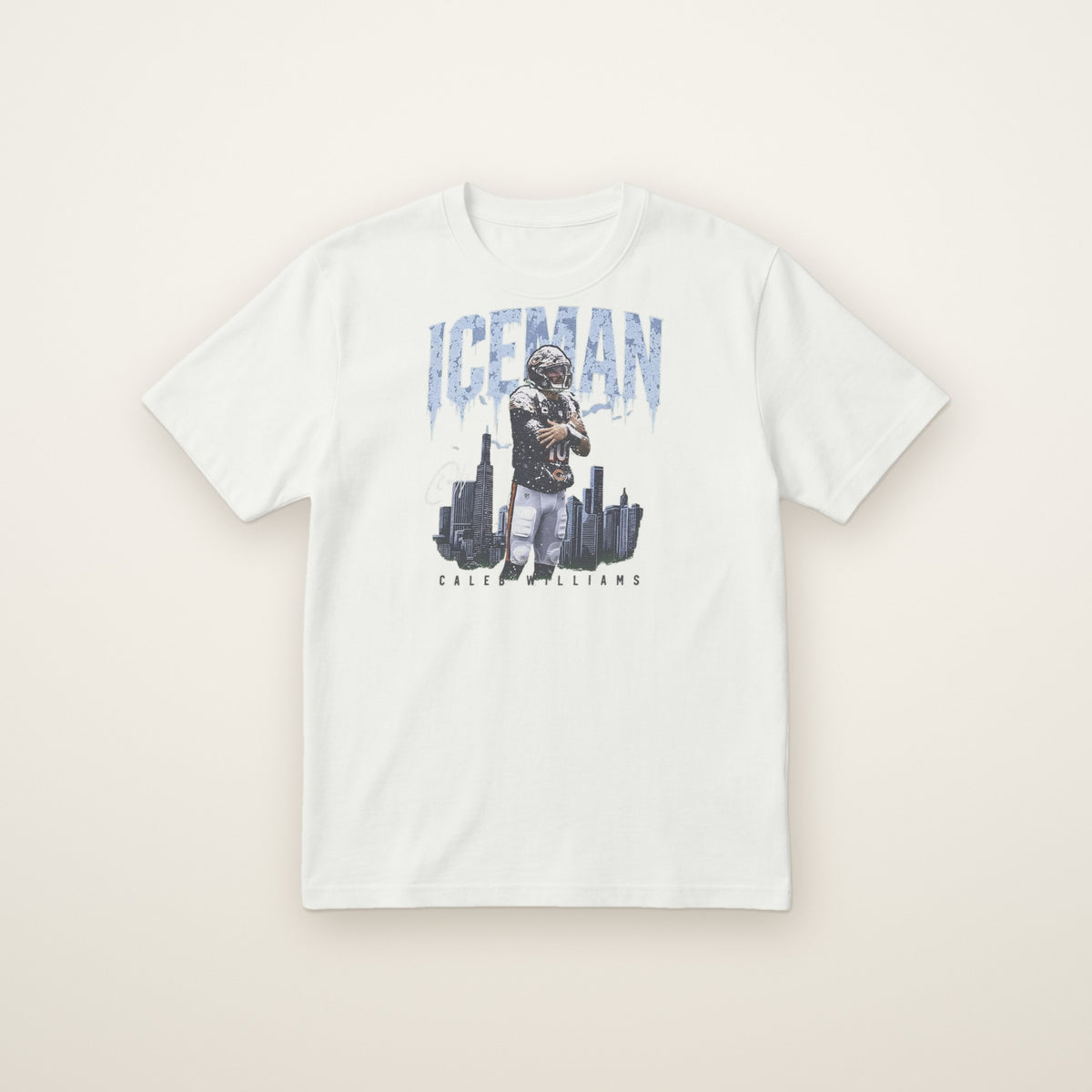 Caleb Williams Iceman Tee in White, flat lay on ivory