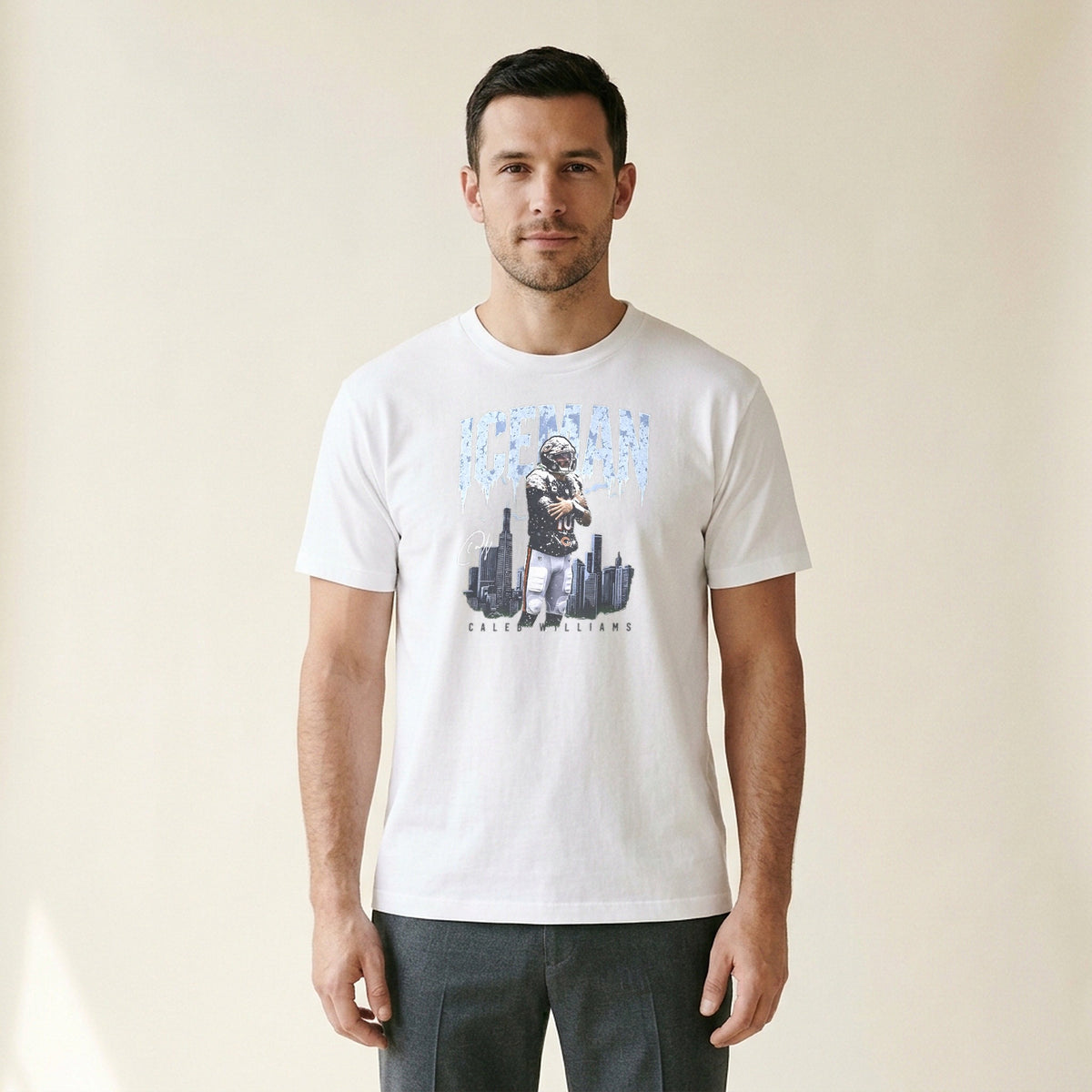 Model wearing the Caleb Williams Iceman Tee in White