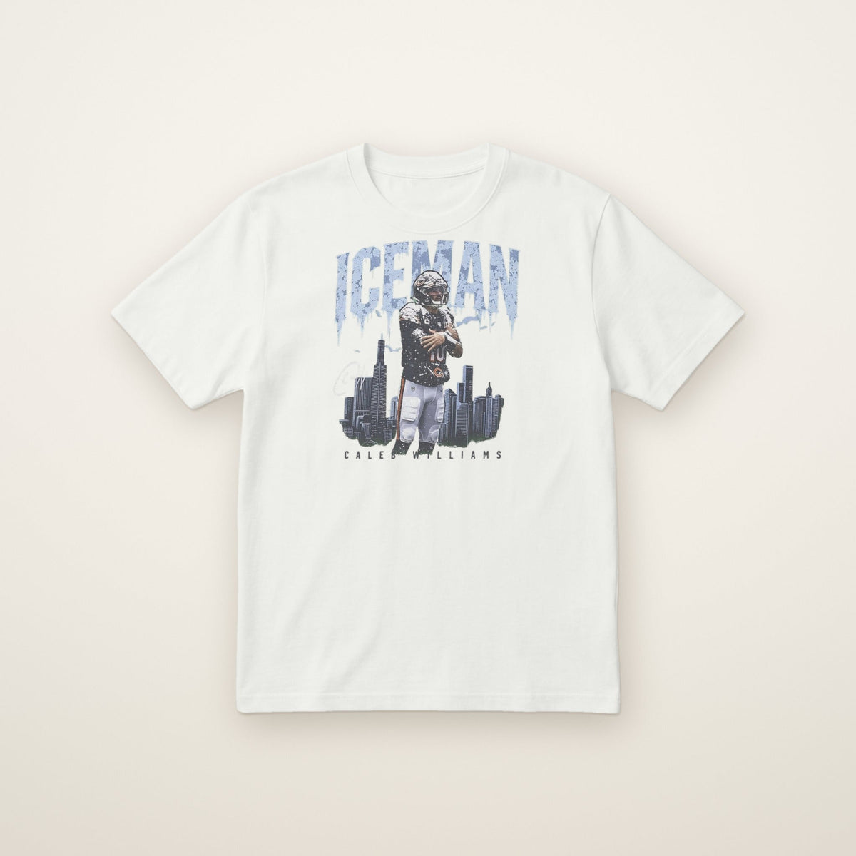 Caleb Williams Iceman Tee in White, flat lay on ivory