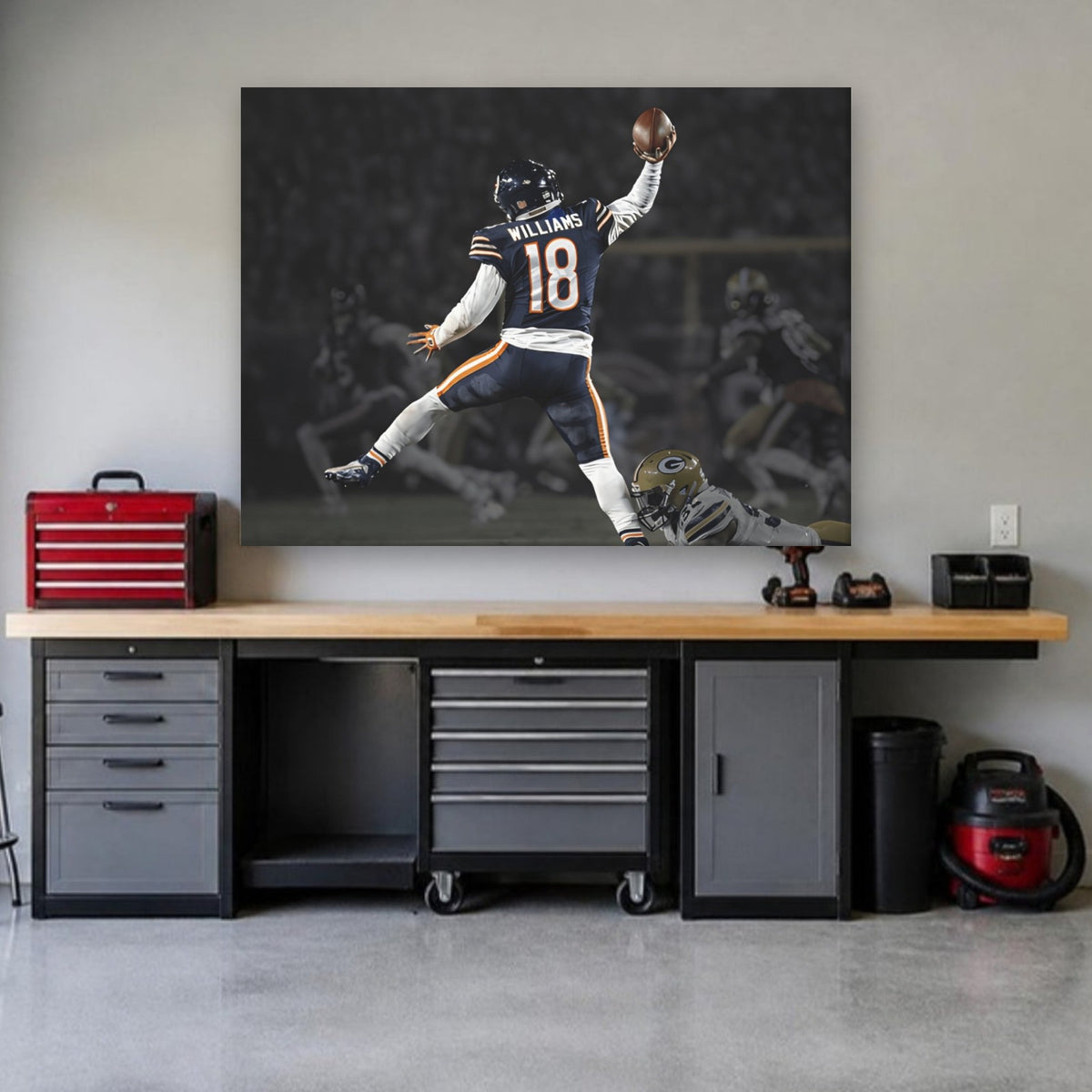 Caleb Williams "Jump Man" Canvas | Night Game Edition in a garage workshop