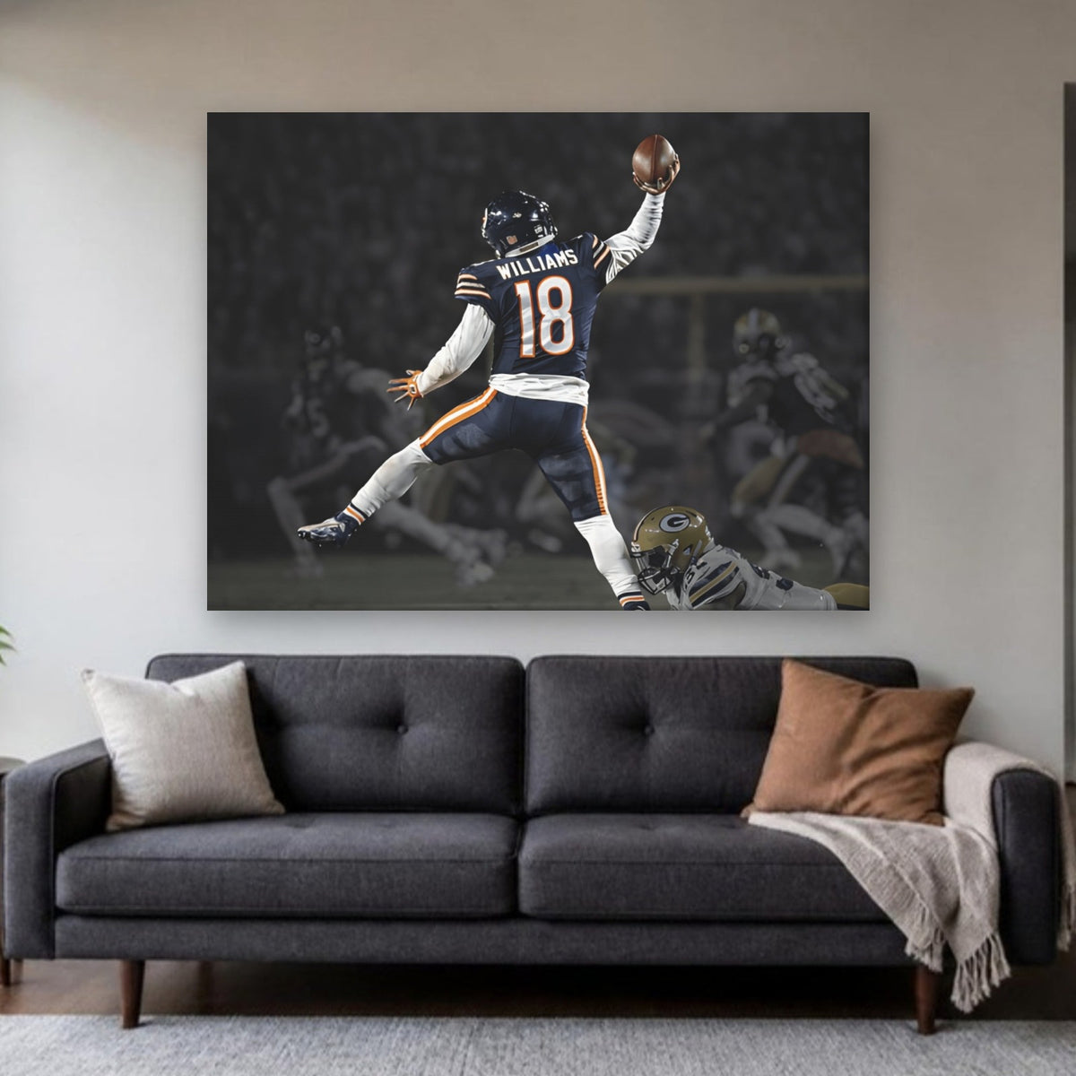 Caleb Williams "Jump Man" Canvas | Night Game Edition in a living room