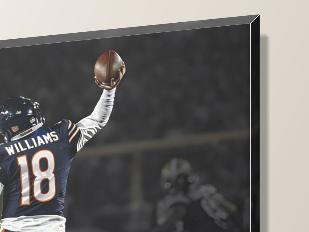 Caleb Williams "Jump Man" Canvas | Night Game Edition — close-up of the gallery-wrapped corner and 1.25-inch edge