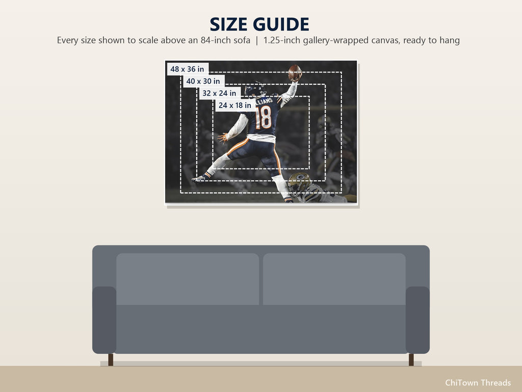 Caleb Williams "Jump Man" Canvas | Night Game Edition — size guide: 24 x 18, 32 x 24, 40 x 30, 48 x 36 in to scale above a sofa