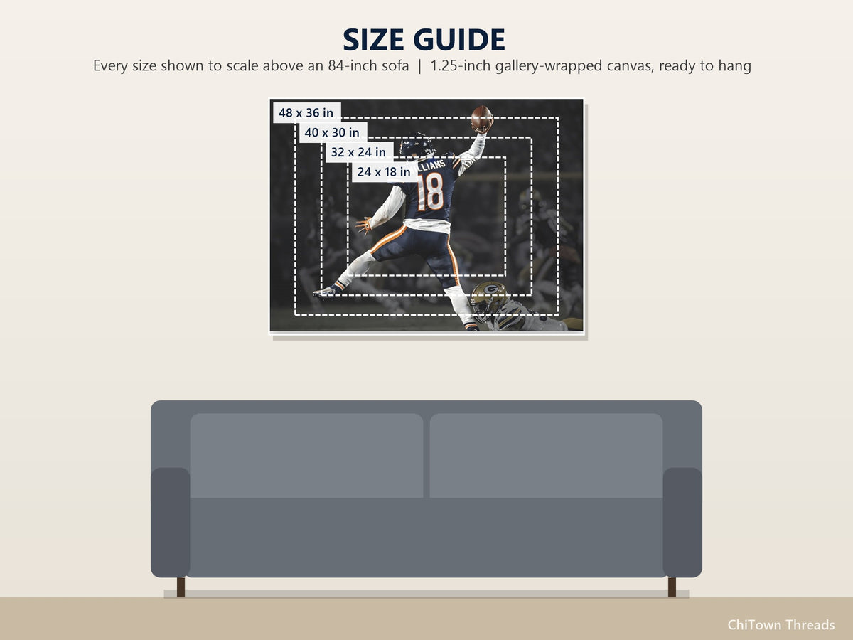 Caleb Williams "Jump Man" Canvas | Night Game Edition — size guide: 24 x 18, 32 x 24, 40 x 30, 48 x 36 in to scale above a sofa