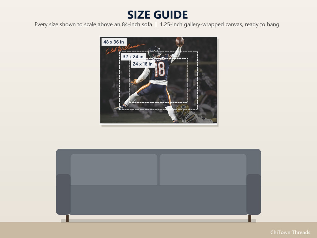 Caleb Williams "Jump Man" Canvas Wall Art — size guide: 24 x 18, 32 x 24 and 48 x 36 inches to scale above a sofa