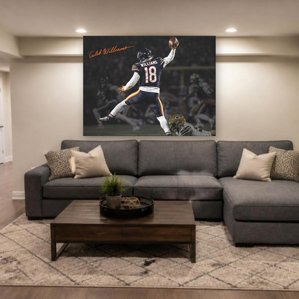 Caleb Williams "Jump Man" Canvas Wall Art in a finished basement