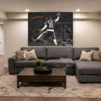 Caleb Williams "Jump Man" Canvas Wall Art in a finished basement