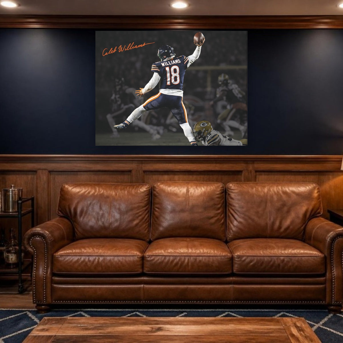 Caleb Williams "Jump Man" Canvas Wall Art in a man cave