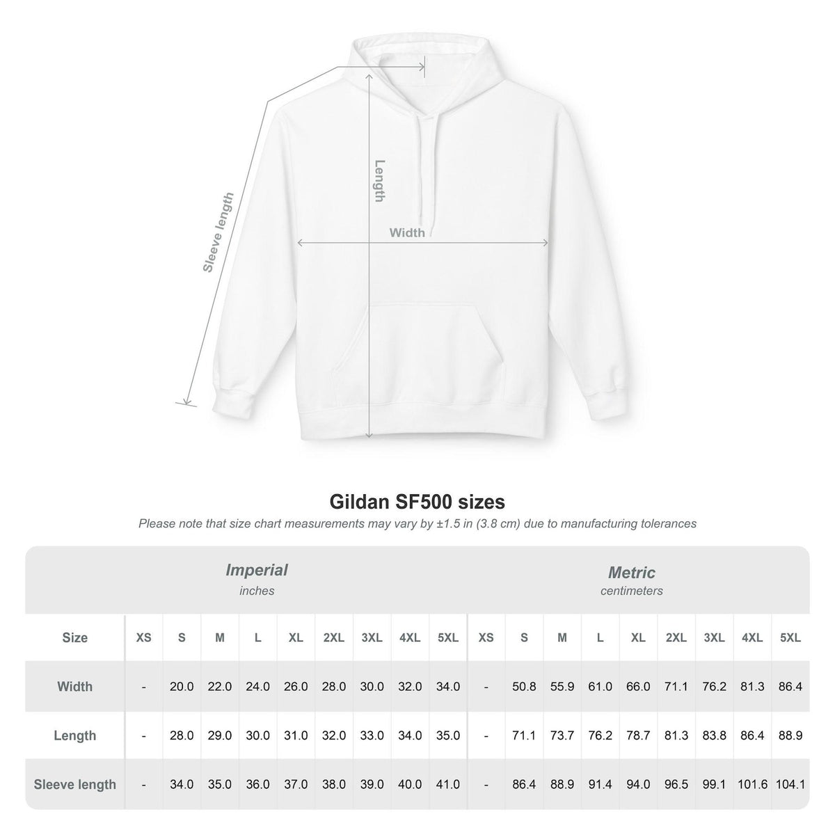 Unisex hoodie size chart