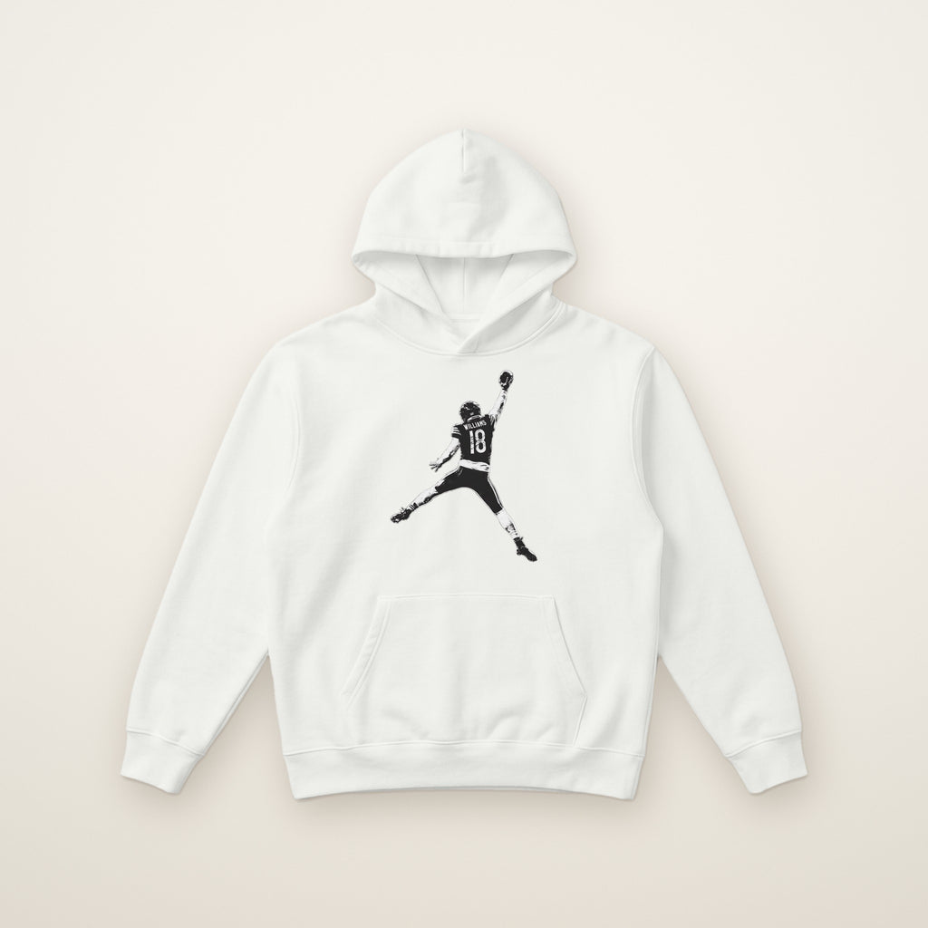 Caleb Williams Jump Man Hoodie in White, flat lay on ivory