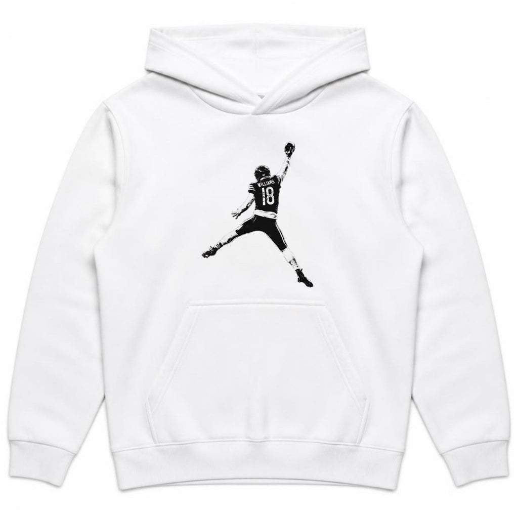 Caleb Williams Jump Man Hoodie — white flat lay