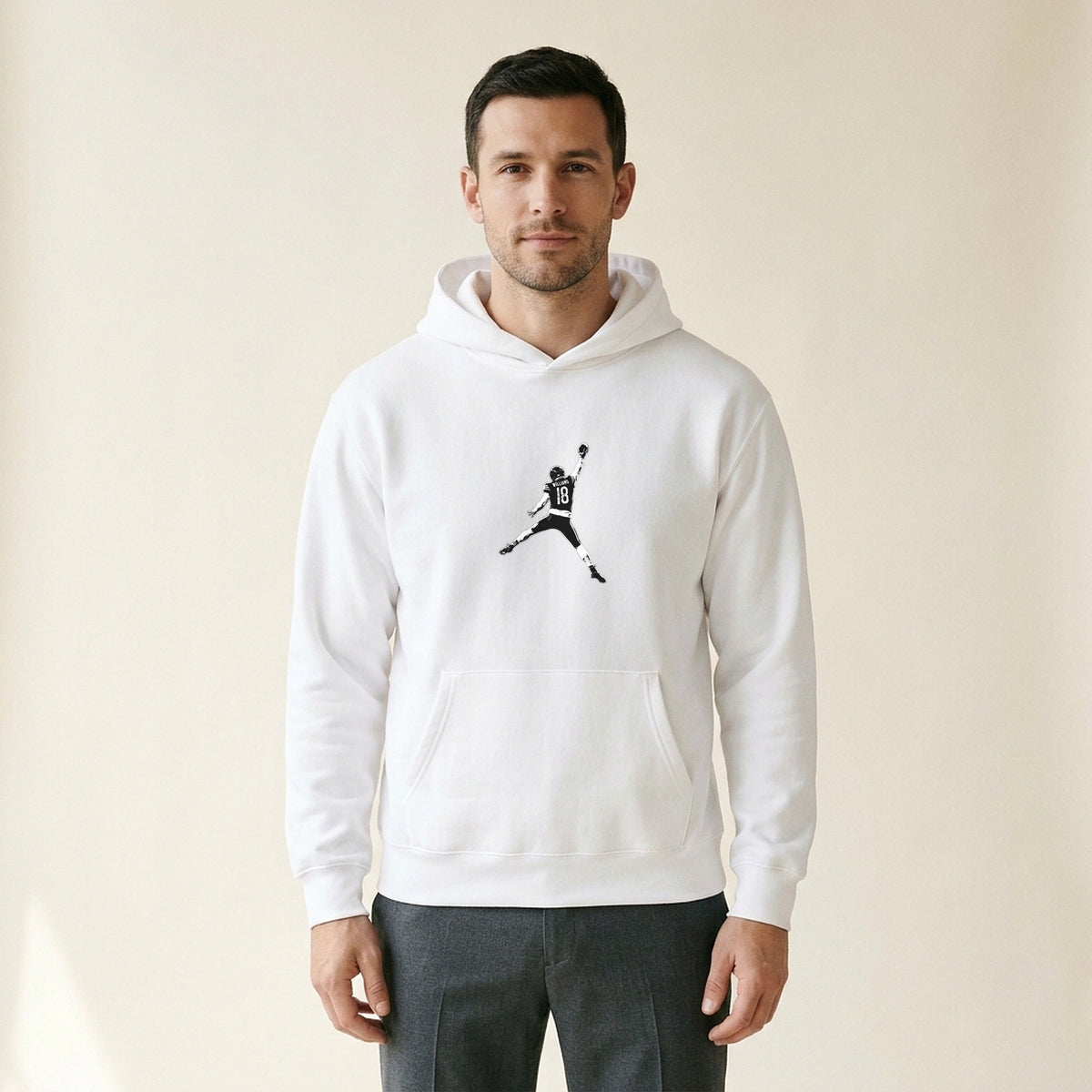Model wearing the Caleb Williams Jump Man Hoodie in White
