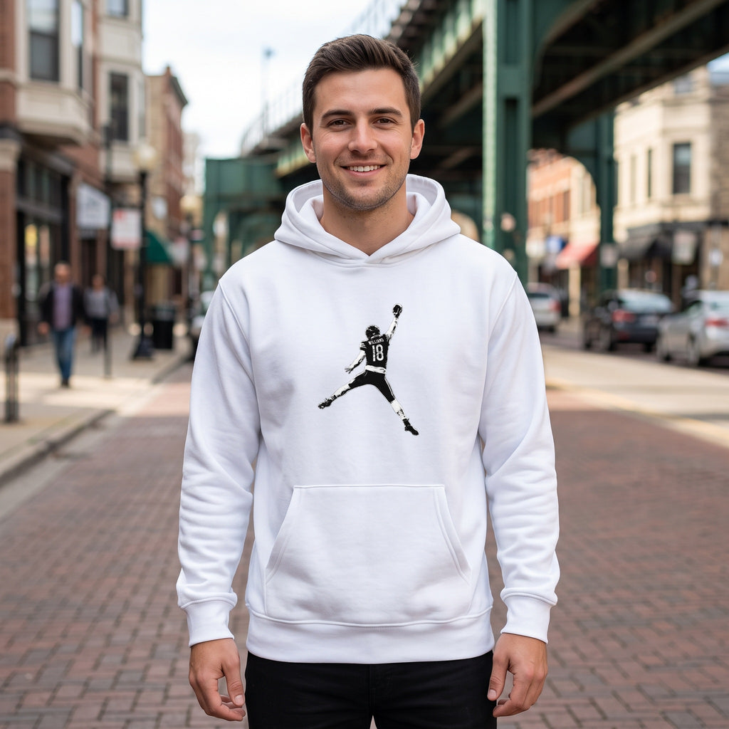 Caleb Williams Jump Man Hoodie — white hoodie on men's model, Chicago street