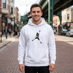 Caleb Williams Jump Man Hoodie — white hoodie on men's model, Chicago street
