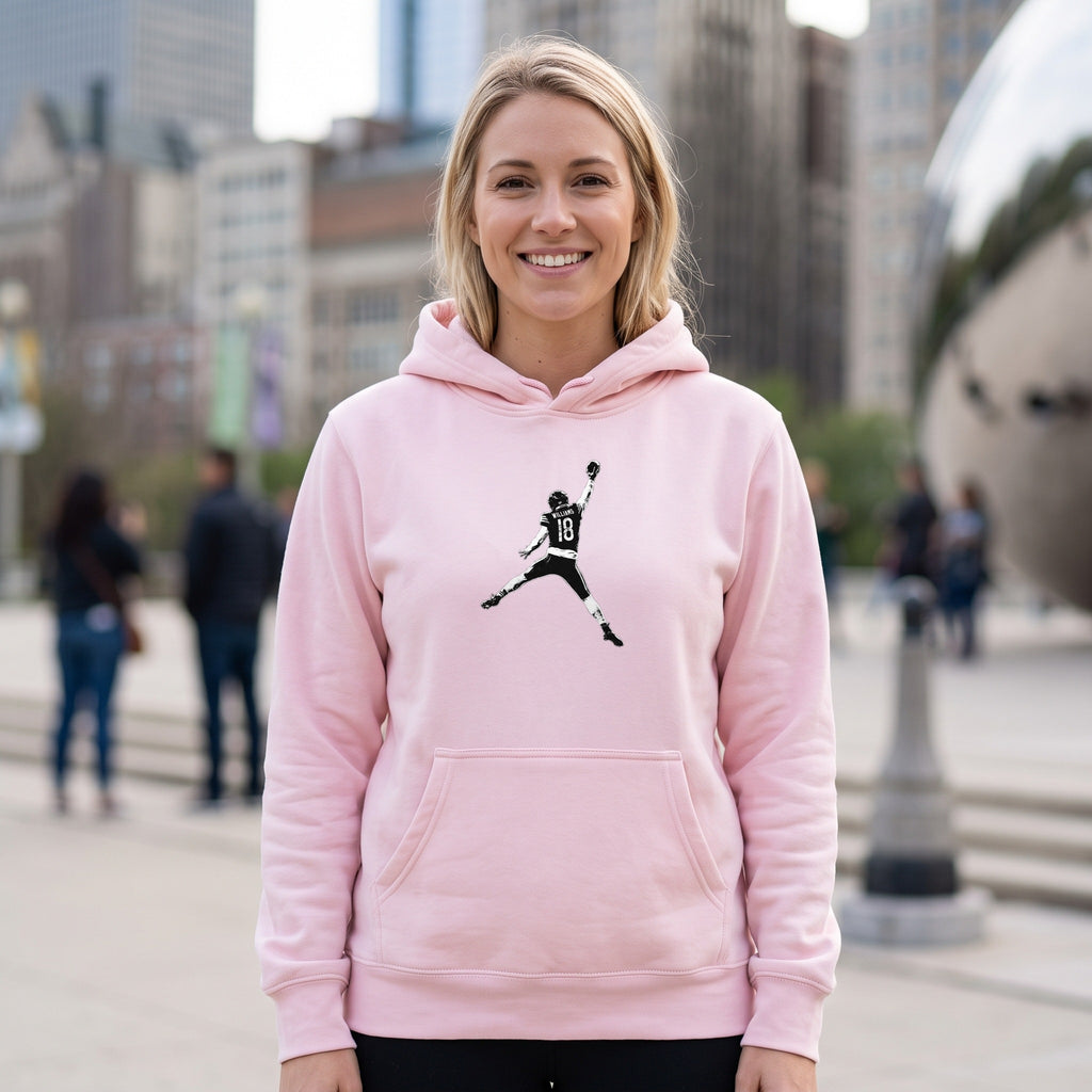 Caleb Williams Jump Man Hoodie — light pink hoodie on women's model