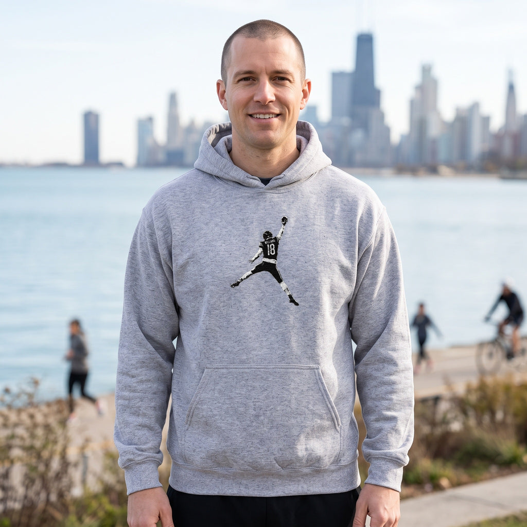 Caleb Williams Jump Man Hoodie — sport grey hoodie on men's model, lakefront