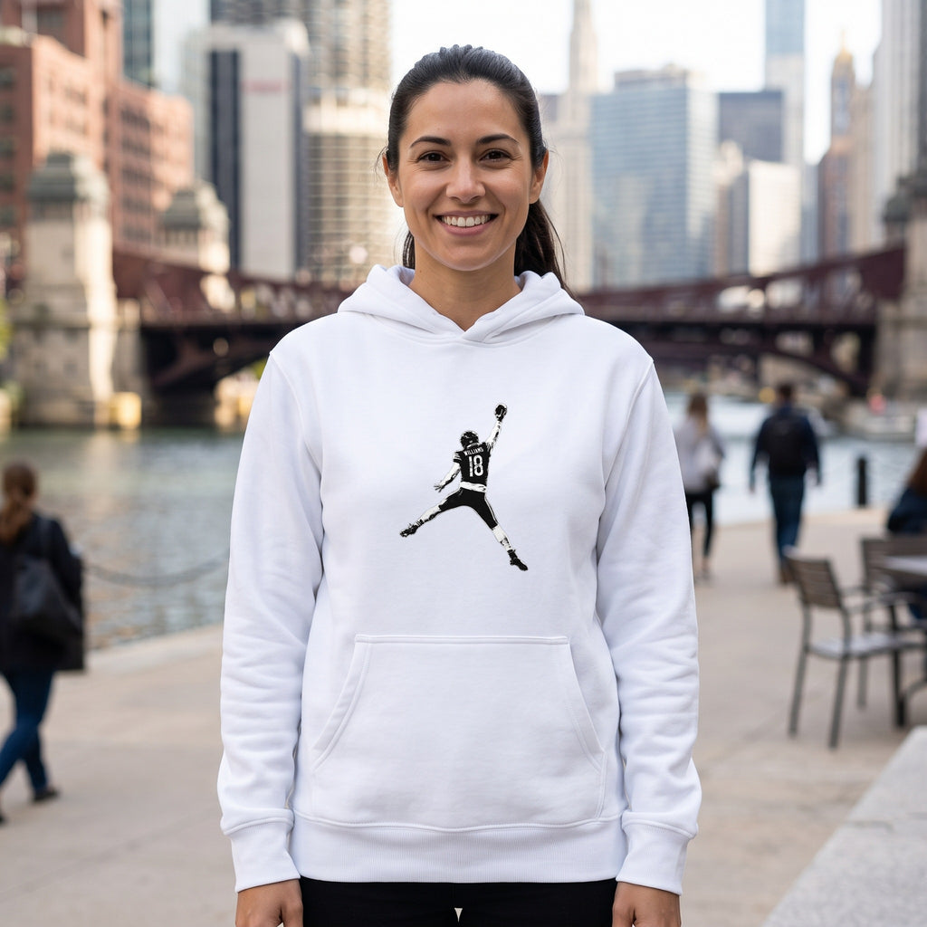 Caleb Williams Jump Man Hoodie — white hoodie on women's model, Chicago River