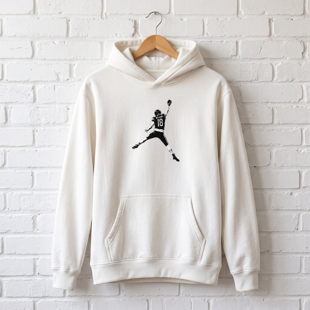 Caleb Williams Jump Man Hoodie — white hoodie on a wooden hanger