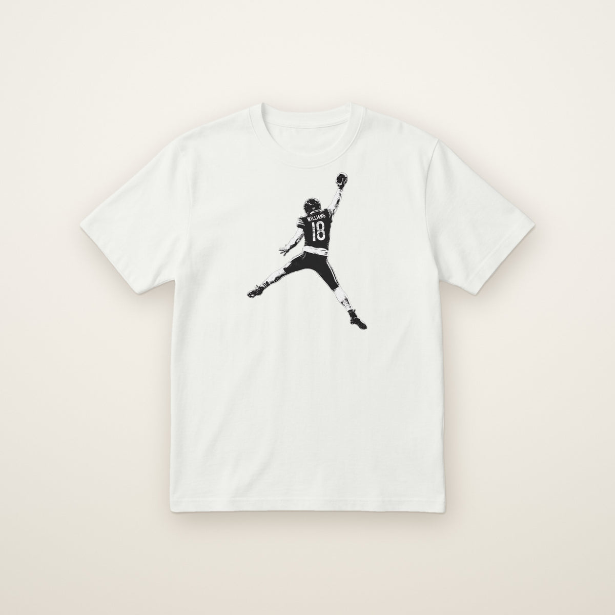 Caleb Williams Jump Man Tee in White, flat lay on ivory