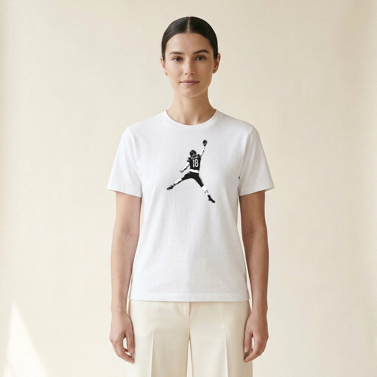 Model wearing the Caleb Williams Jump Man Tee in White