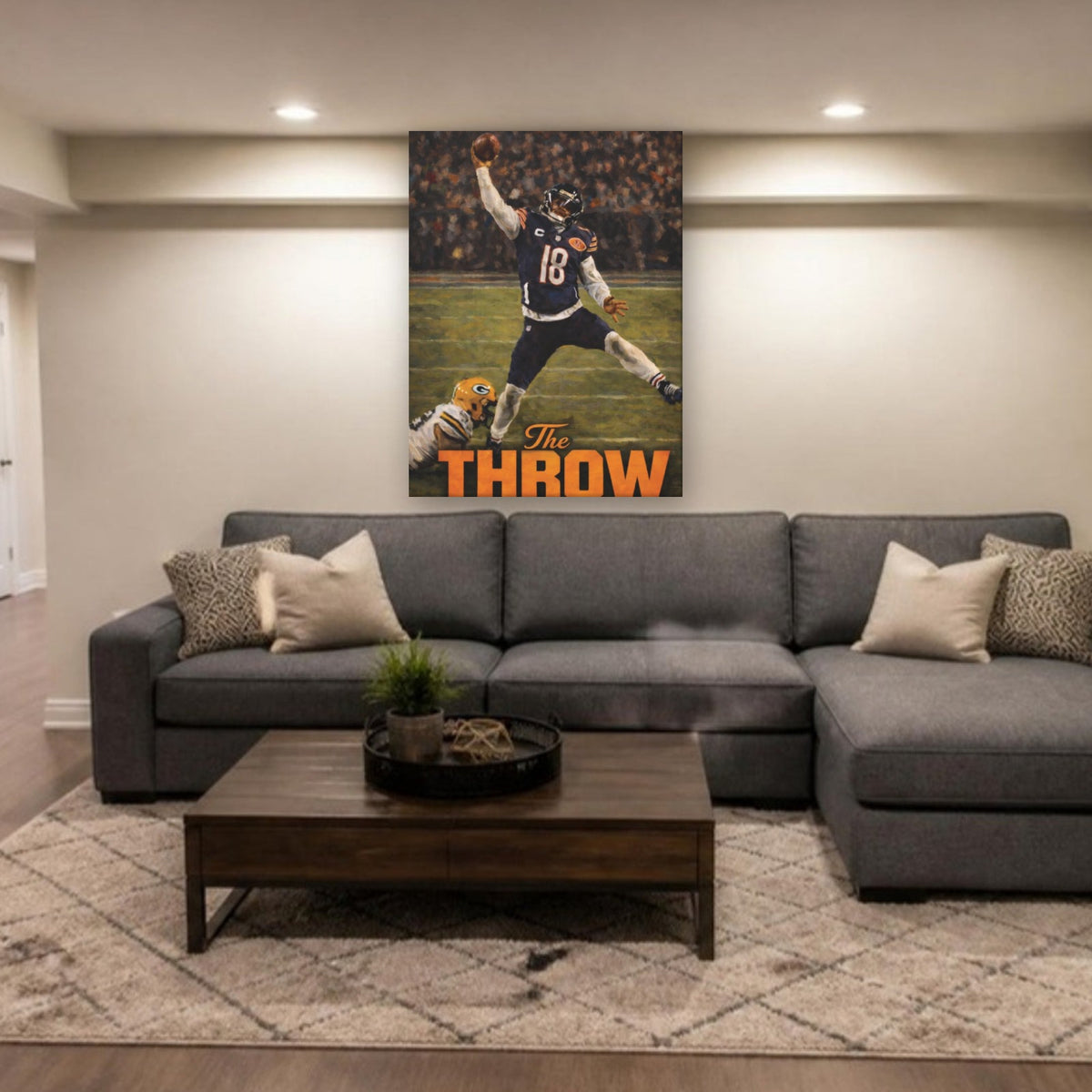 Caleb Williams "The Throw" Canvas Wall Art in a finished basement