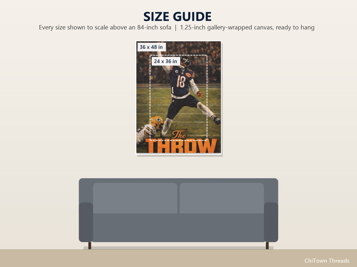 Caleb Williams "The Throw" Canvas Wall Art — size guide: 24 x 36, 36 x 48 in to scale above a sofa