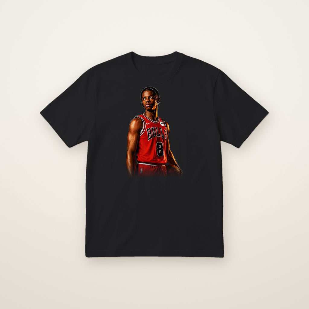 Caleb Wilson Chicago Bulls Tee in Black, flat lay on ivory