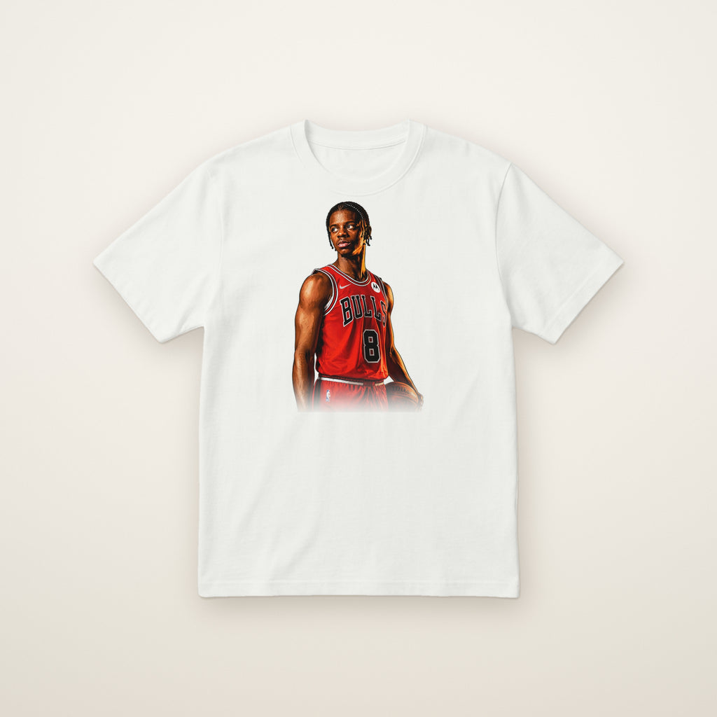 Caleb Wilson Chicago Bulls Tee in White, flat lay on ivory