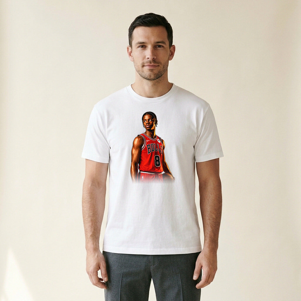 Model wearing the Caleb Wilson Chicago Bulls Tee in White