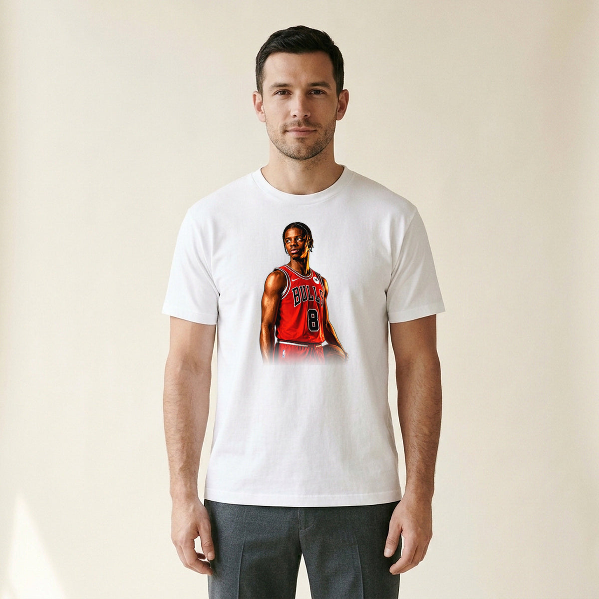 Model wearing the Caleb Wilson Chicago Bulls Tee in White