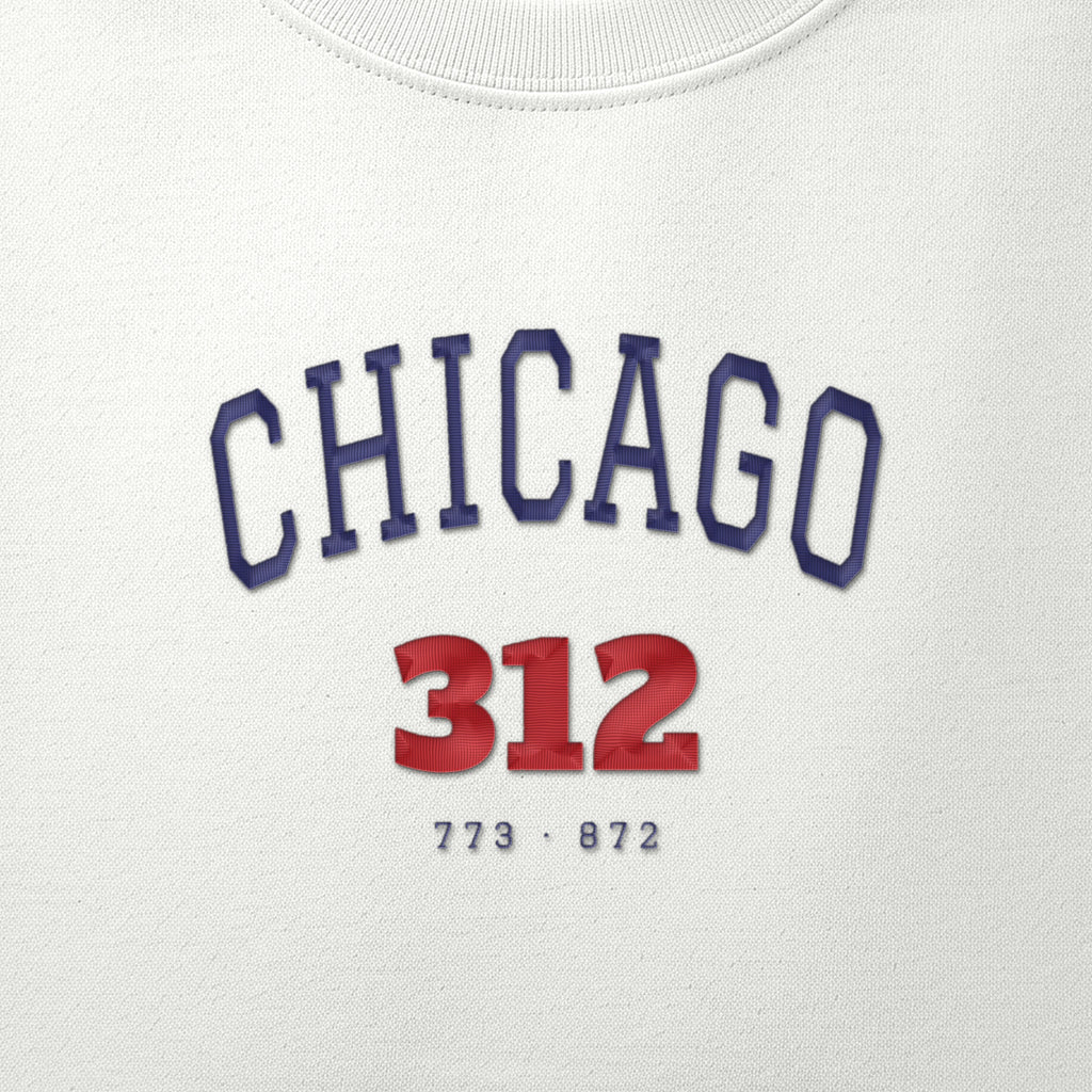 Close-up of navy and red satin-stitch Chicago 312 embroidery