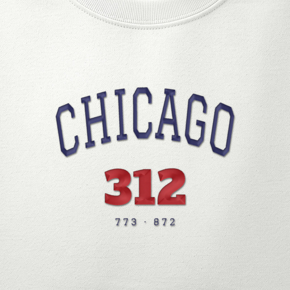 Close-up of navy and red satin-stitch Chicago 312 embroidery
