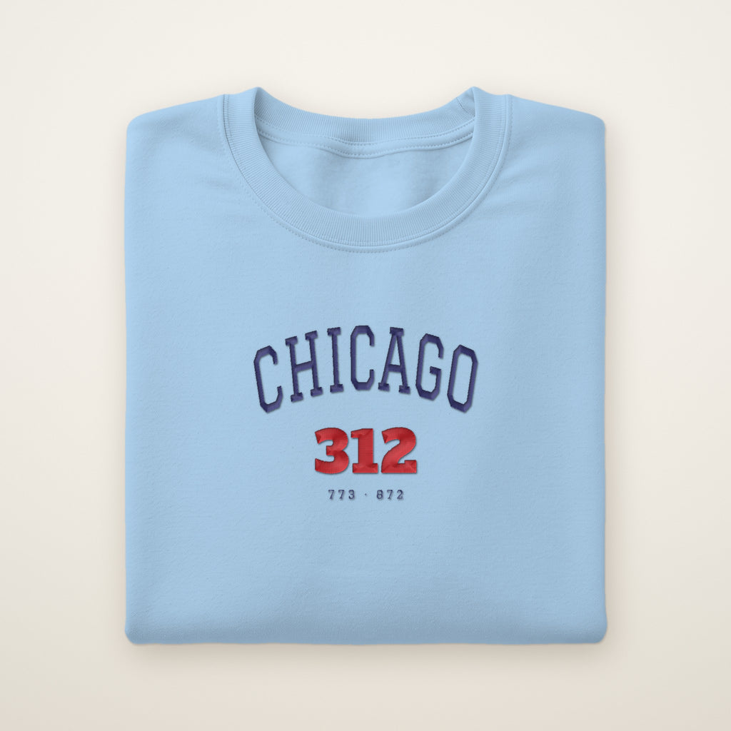 Chicago 312 embroidered crewneck sweatshirt, Light Blue, navy and red embroidery