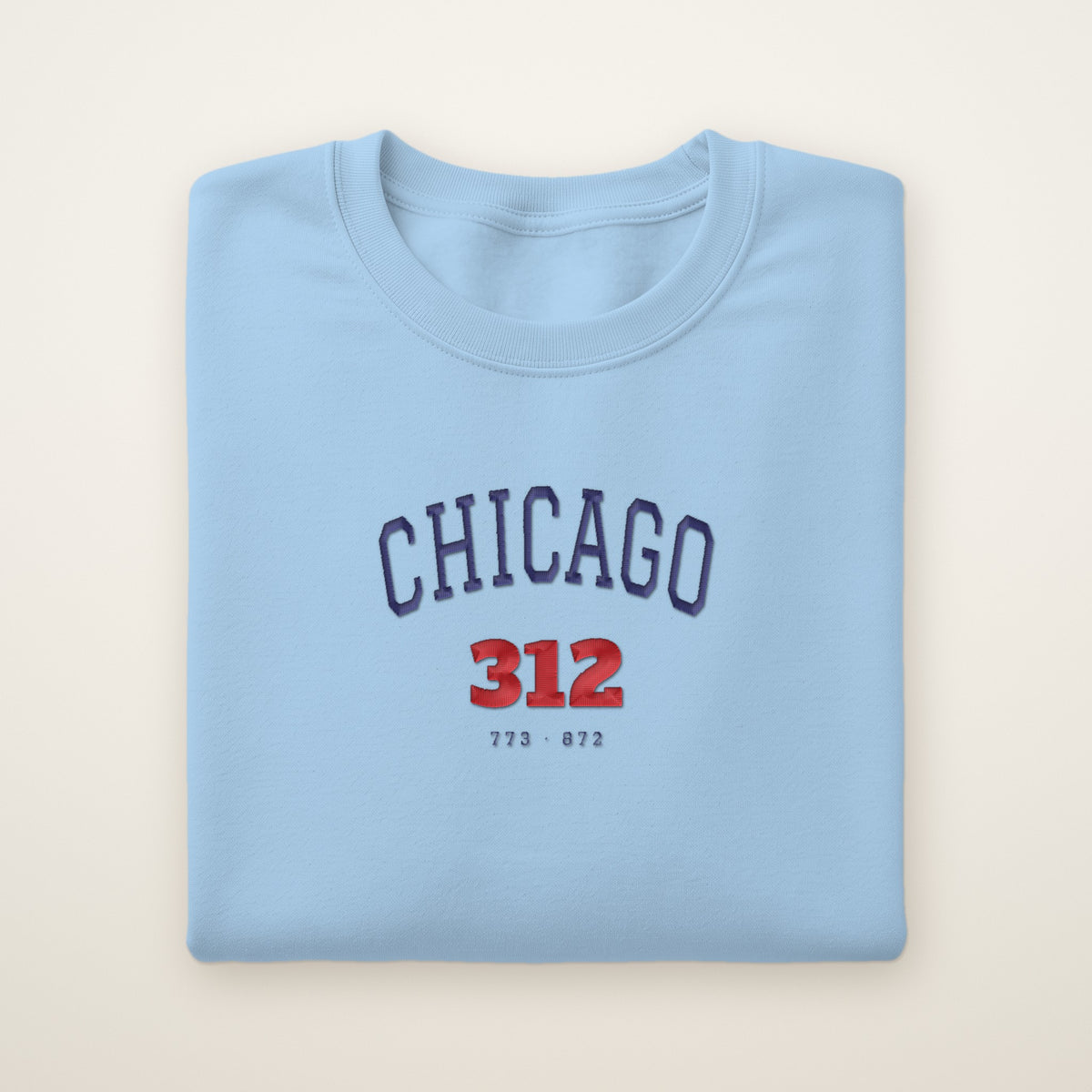 Chicago 312 embroidered crewneck sweatshirt, Light Blue, navy and red embroidery
