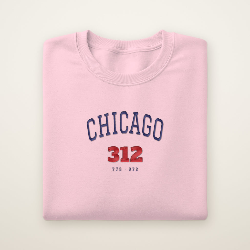 Chicago 312 embroidered crewneck sweatshirt, Light Pink, navy and red embroidery