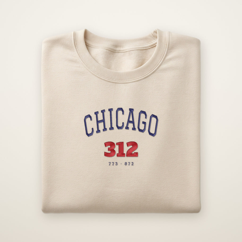Chicago 312 embroidered crewneck sweatshirt, Sand, navy and red embroidery
