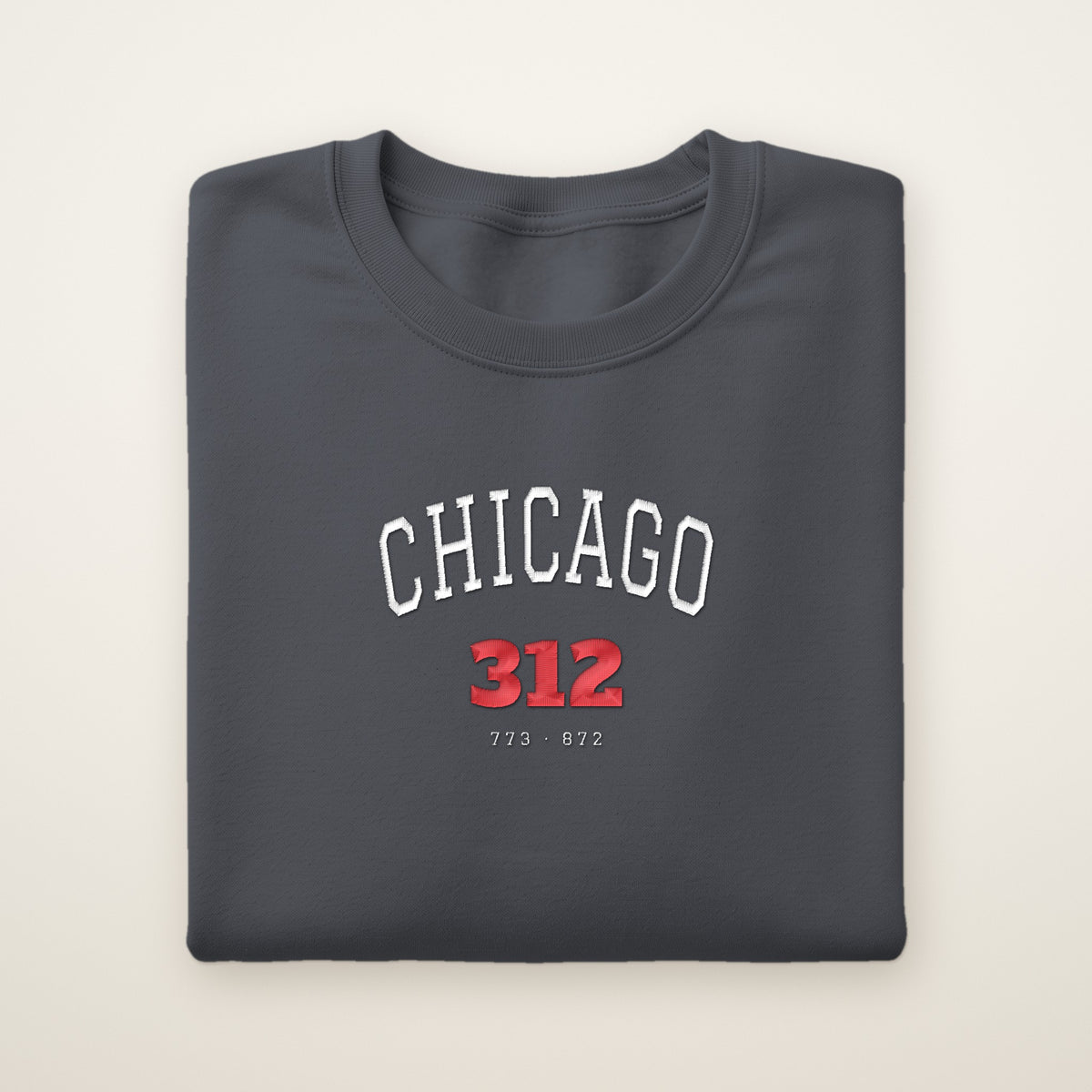 Chicago 312 embroidered crewneck sweatshirt, Dark Heather, white and red embroidery