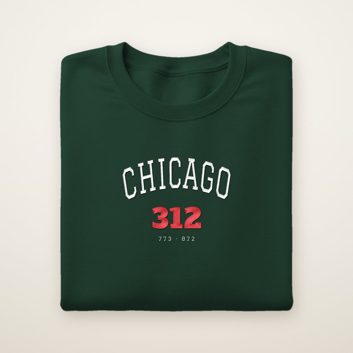 Chicago 312 embroidered crewneck sweatshirt, Forest Green, white and red embroidery