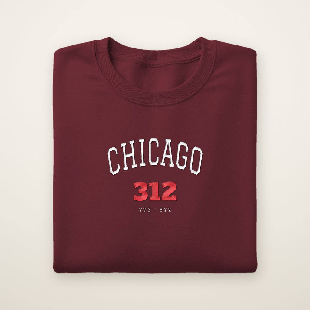 Chicago 312 embroidered crewneck sweatshirt, Maroon, white and red embroidery