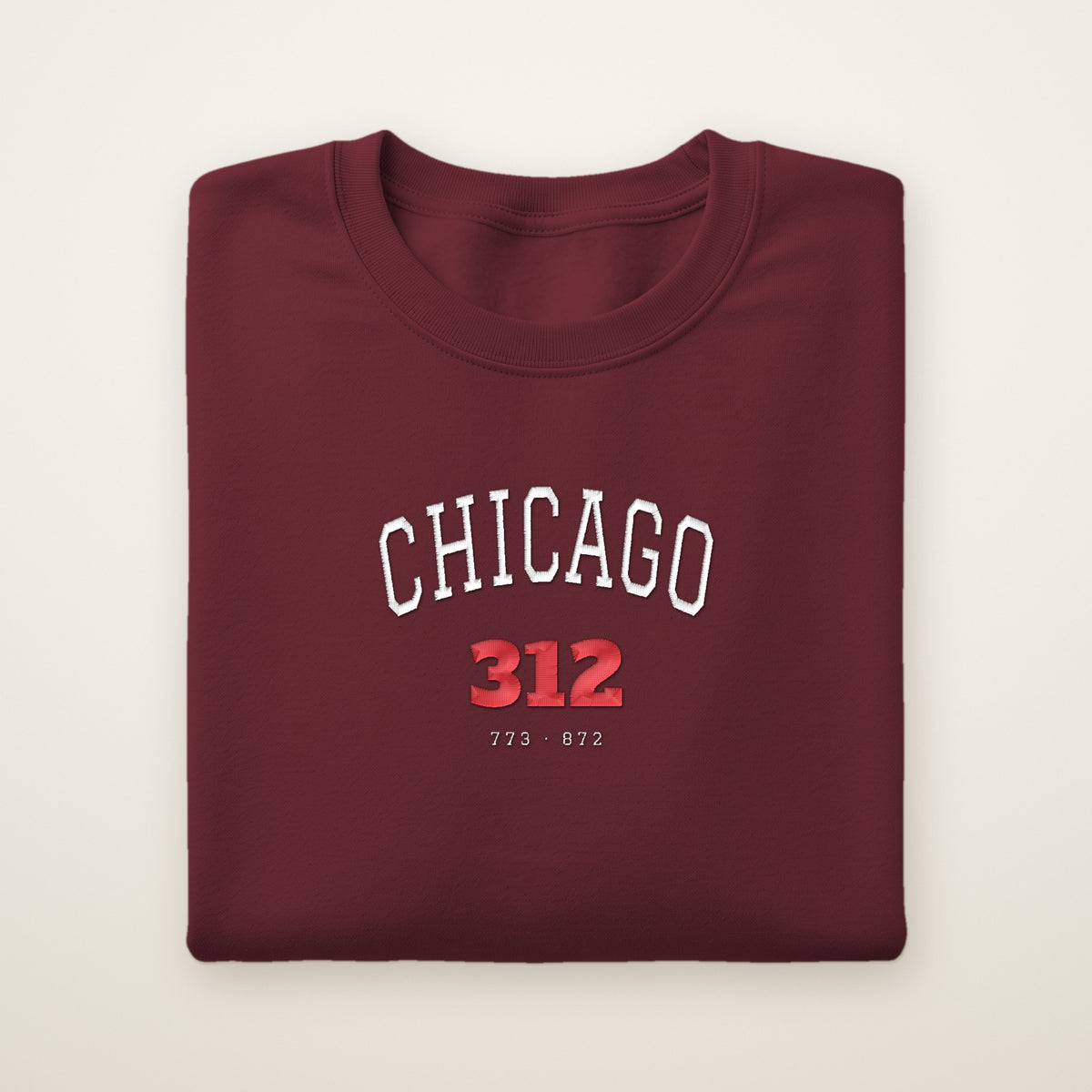Chicago 312 embroidered crewneck sweatshirt, Maroon, white and red embroidery