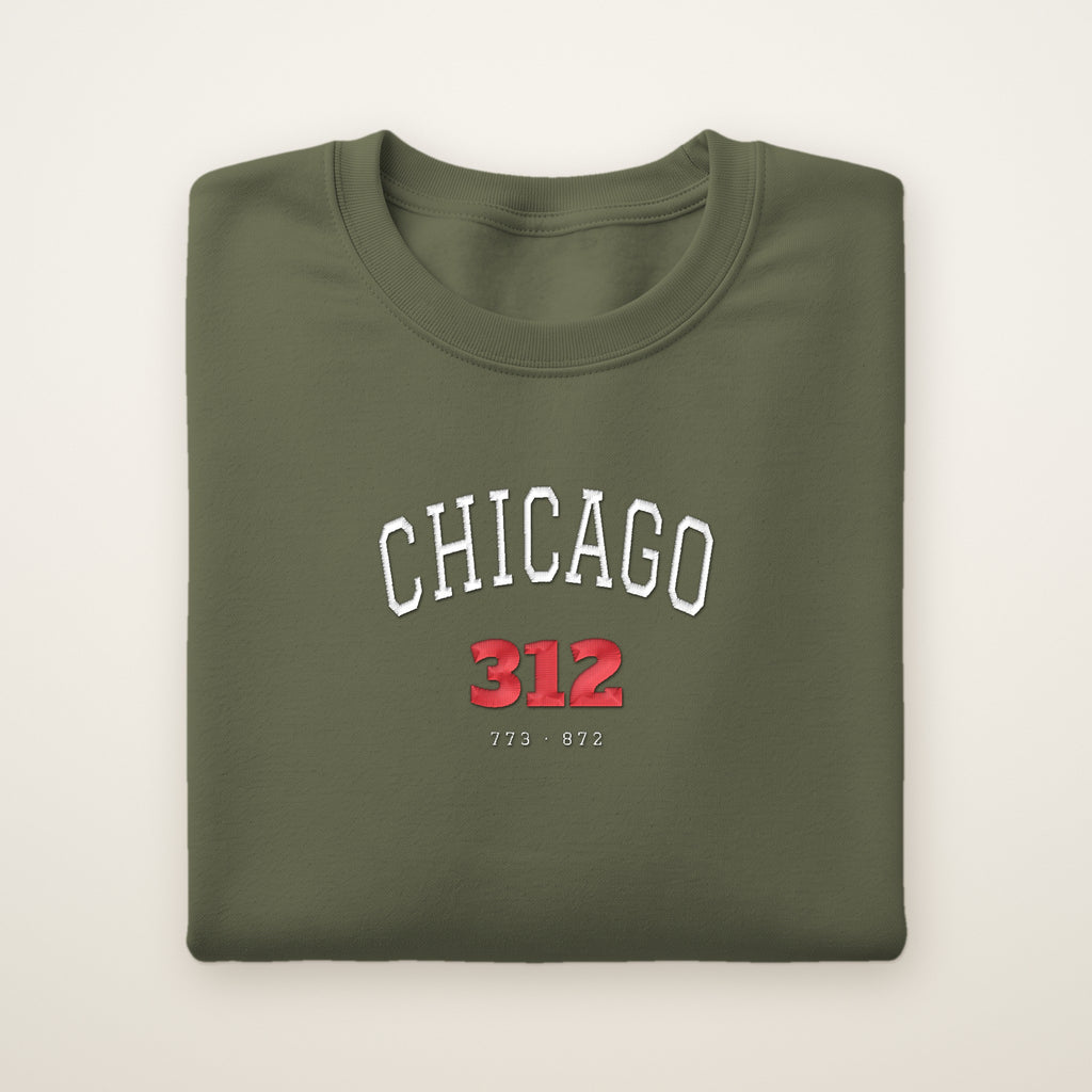 Chicago 312 embroidered crewneck sweatshirt, Military Green, white and red embroidery