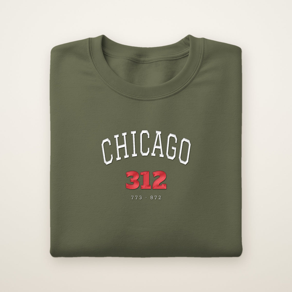 Chicago 312 embroidered crewneck sweatshirt, Military Green, white and red embroidery
